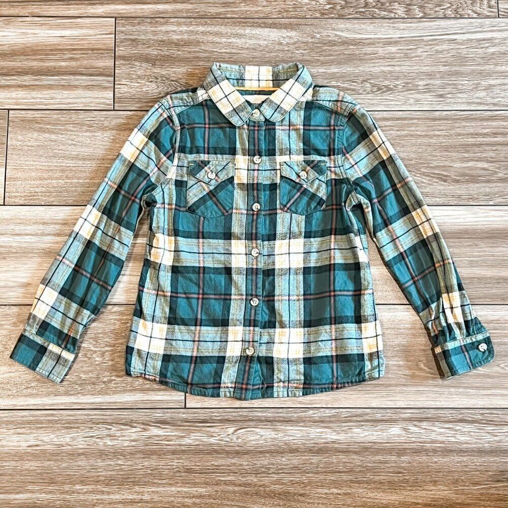 Boden Johnnie B Long Sleeve Green plaid Flannel Button Down 6-7Y